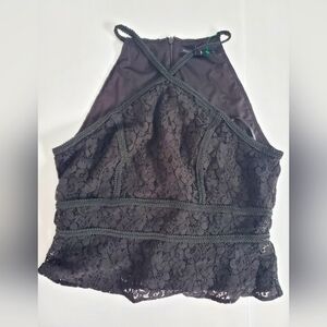 White House Black Market Unique Cut Black Lace Halter Cropped Rock Goth Size 12
